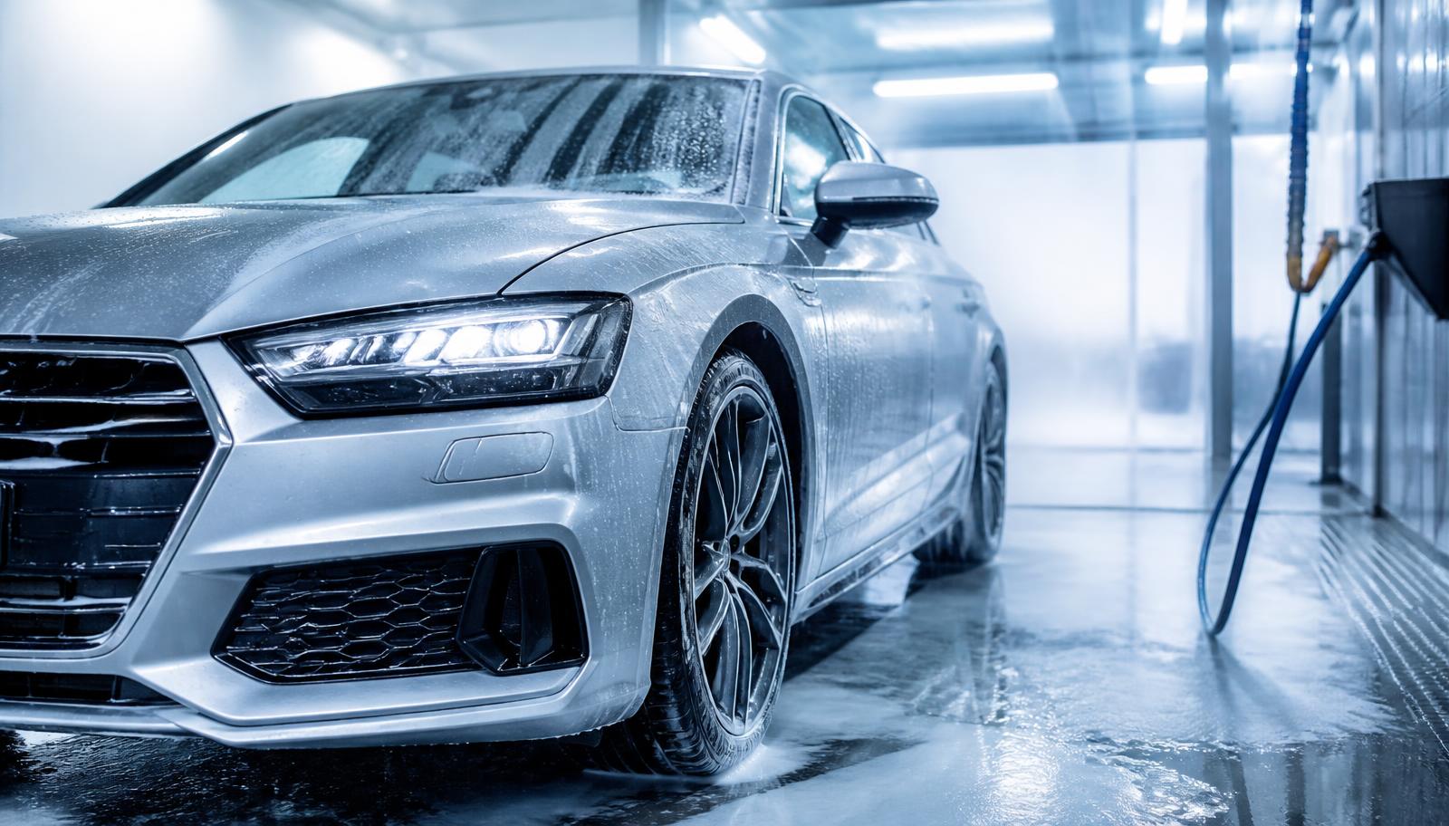 Juuri pesty auto kiiltää modernissa pesuhallissa